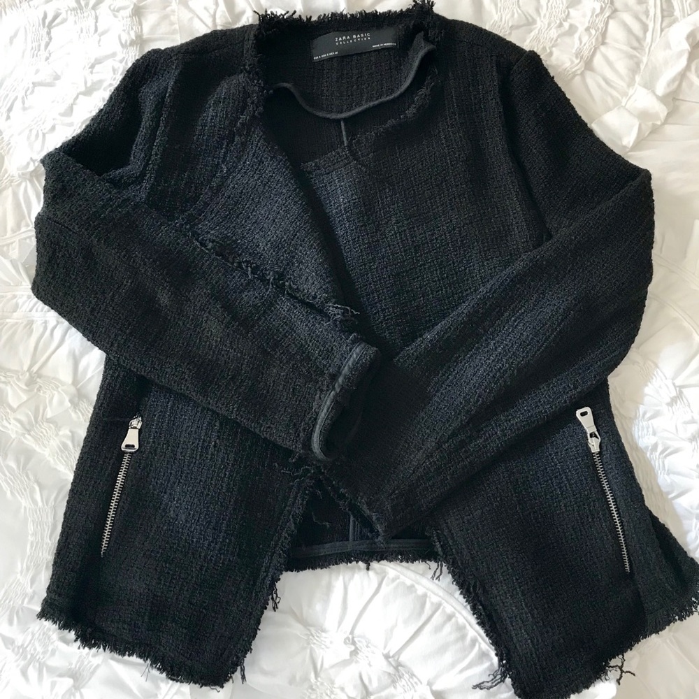 Zara Black Fringed Tweed Blazer